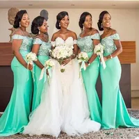 Silver Sequins Green Bridesmaid Dresses Custom Made Mermaid Floor Length Off the Shoulder Straps Plus Size Maid of Honor Gown Wedd265Q