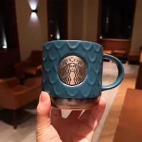 Starbucks Cup Dark Blue Fish Scale Mok Grote capaciteit Koper HOOFDSTUK CERAMIC CUP Heren en dameskoffiekopje met deksellepel