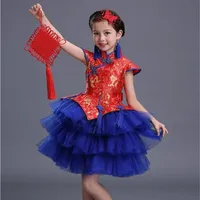 Ubranie etniczne kostiumy dla dzieci Piękna cheongsam satyna chińska sukienka ślubna dziewczyna kwiat Chiny taniec guzheng erhu biddle show czerwony qipao tu