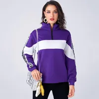 Women's Hoodies & Sweatshirts Fashion Contrast Color Loose High-neck Fleece Sports Wind Top