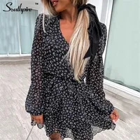 Southpire A-Line V-Gute Vintage Siyah Elbise Kadın Şifon Uzun Kollu Elastik Bel Mini Parti Elbiseleri İlkbahar Yaz Kıyafetleri 220509
