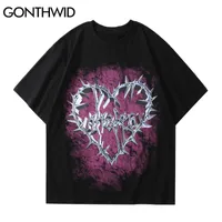 Gonthwid Surdimensia Tees Shirts Hip Hop Chain Heart Imprimer Punk Rock Gothic Tshirts Streetwear Fashion HARAJUKU COSTO COLAST COTTON TOPS 220606