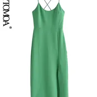 KPYTOMOA Kobiety moda z przodu Zielona sukienka midi rurka vintage Backless Crossover Corne paski Sukienki Kobiece Vestidos 220527
