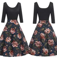 1950 -е годы Rockabilly Vintage Women Dress Fress Farty Party Платье линии Scoop Scoop Line Flora Printed Элегантное черное платье для женщин в запасе FS2727