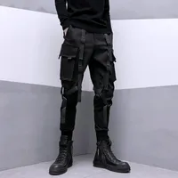 Techwear Black Cargo Pants For Men Trousers Male Japanese Streetwear Hip Hop Spring Ribbon Pocket Harajuku Fashion