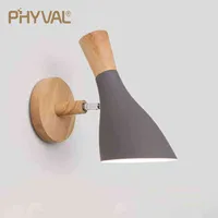 Phyval Nordic Wall Lamp Creative Macaron Solid Wood Wall Light for BedroomベッドサイドリビングルームE27 LEDモードレンウォールスコンセランh220420