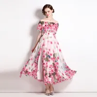 Junlinna Chiffon Women Dress 2022 Summer New Sexy Butterfly SashesとSplit Printed Flower Vestidos Beach Holiday Dresses