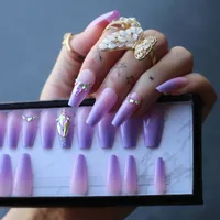 الطول المتوسط ​​تابوت جميل OMBRE VIOLET Acrylic Nails Crystal Art False Nalis Tips Press on Nails Custor مخصص خاص بوكس ​​220725