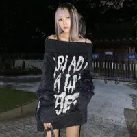 Kadın Sweaters Japon Harajuku Kadın Kazak Gevşek Eğik Boyun Kalın Harfler Siyah Punk Subkültür Gotik Kız Jumper'lar