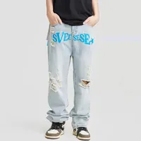 Men's Jeans Mens And Womens Hole Letter Embroidery Ripped Retro Pants Straight Oversize Washed Distressed Casual Denim Trousers 2022Men's