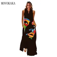 Movokaka 인간의 얼굴 인쇄 검은 드레스 우아한 캐주얼 빈티지 드레스 여자 여름 해변 민소매 소녀 Long Dres 220602