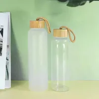 500 ml de sublimation transparente bouteilles d'eau en verre givré avec couvercle en bambou et paille tasses en verre droit tasses d'été baignade f0518209