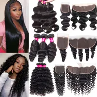 9A Brazilian Human Hair Weaves 3 Bundles With 4x4 Lace Closure Straight Body Wave Loose Wave Deep Wave Kinky Curly Hair Wefts With Closure