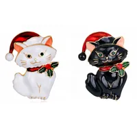 50 sztuk / 32 * 50mm Christmas Kitty Cat z kapelusz broszka pin złoto tone czerwone i białe broszki emaliowane słodkie pinki biżuterii zwierzęcej