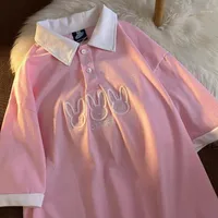 Frauen T-Shirt Neresum Lose Hemd Pink Revers Retro Stickerei Salz Original Suzuki Stil Halbärmel
