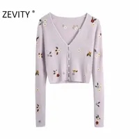 Zevity Women Fashion v Neck Flower Embroidery Cardigan編みセーターレディース長袖カジュアルセーターシックトップスLJ201126