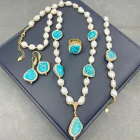 Oorbellen ketting barokke zoetwater parel turquoise erts set prachtige druzy tsjechische diamant vierdelige voor strand partyearrings ear2222222