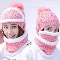 Berets 3Pcs Knitted Masks And Scarves Pom Bobble Neck Warmer Hat Scarf Mask Set Women Beanie Winter Snow Ski Cap Delm22