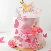 Cyuan Pink Butterfly Pattern Cake Topper Happy Birthday Flagsかわいいクラフトパーティー用トッパー1