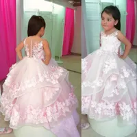 2022 Cute Pink Ball Gown Flower Girl Dresses for Wedding Jewel Neck Illusion 3D Floral Puffy Tiered Ruffles Little Girls Pageant Dress Toddler First Communion Gowns