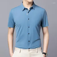 Men&#039;s Dress Shirts Summer Stretch Ice Silk Shirt Short Sleeve Laser Seamless Business Solid Color Inch