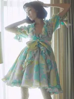파티 드레스 Jastie Women 패션 럭셔리 프릴 보우 레이스 업 미니 드레스 인쇄 섹시 세련