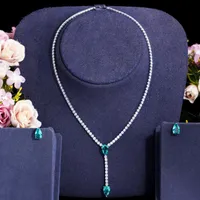 귀걸이 목걸이 Beaqueen 트렌디 한 녹색 CZ Crystal Water Drop Jewelry Sets 펜던트 신부 보석을 가진 여성을위한 긴 체인 JS304EA