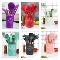 Silicone Kitchen Utensil Set 12 Pieces Cooking with Wooden Handles Holder for Nonstick Cookware Spoon Soup Ladle Slotted Whisk Tongs Brush Pasta Server