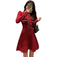 Street Style Dresses 2021 Self Portrait Double Breasted Red Melange Knitted Mini Dress
