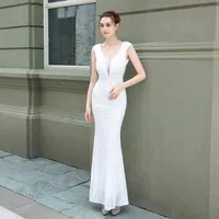 プルーS IZEセクシーVネックバックレススパンコールイブニングドレス2022 New Women Party White Beads Maxi Dress Robe De Soiree T220805