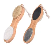 Foot Brush Pumice Stone Rasp File Exfoliating Stone Bamboo Handle Pedicure Tool 4 in 1 Multi-functional Foots Scrub