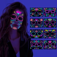 Tatuaże w kolorze naklejki ding 8 arkuszy UV Glow Neon tymczasowa twarz w ciemnym dniu martwych dekoracji cukru Sukl Halloween makijaż amaqt