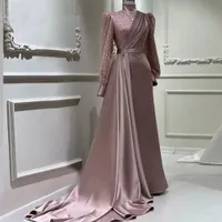 Eleganckie muzułmańskie różowe koraliki cekiny Sukienka na balu dla kobiet 2022 Wysokie szyję długie rękawy A-line Tarin Formalne wieczorne suknie imprezowe