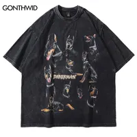 대형 고민 T 셔츠 힙합 빈티지 Doberman Dog Print Punk Rock Gothic Tshirt Streetwear Harajuku 캐주얼 Tshirt 220622