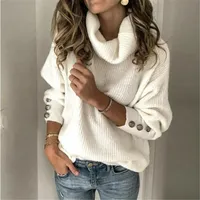 Women's Sweaters Casual Turtleneck Warm Knitted Sweater Autumn Winter Long Sleeve Pullover Tops Elegant Women Rivet Button Jumper Pull Femme