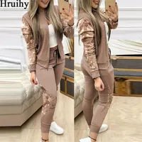 Autumn Winter Two Piece Outfits for Women Fashion Sequin Zipper Coat Tops DrawString Pants Set Casual Tracksuit SweT Suits T201031