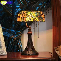 Fumat Dragonfly Tiffany Bank Table Lamp Rose Resin Base 회전 전등 쉐이드 Pullswitch Desk Light Decor Handicraft Art Lighting
