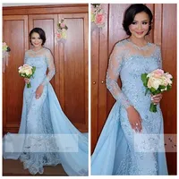 2019 Light Blue Long Sleeves Mermaid Evening Dresses Two Piece Lace Formal Prom Gowns With Detachable Skirt Vestidos De Soiree Ara215N