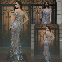 2020 New Grey Major Beading Off Off Thooks Formal Evening Dresses Crystals Beaded Long Prom Gowns Arabic Vintage Pageant Gowns Cust341b