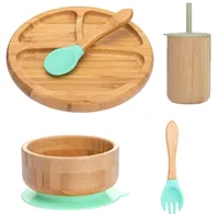 Bopoobo 5pcs/set Children's Tableware Baby Bowl Plate Fork Spoon Cup Suction Feeding Food Bamboo Tableware bpa free non-slip 220624