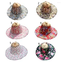 Wide Brim Hats Women 2 In 1 Portable Foldable Chinese Style Bamboo Frame Floral Printed Handheld Fan Multifunctional As SunhatWide Wend22
