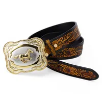 Belts Big Alloy Buckle Golden Horse Leather Belt Cowboy Leisure For Men Floral Pattern Jeans Accessories Fashion