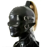 Сексуальная черная латексная капюшона резиновая маска с глазами и ртом крышка латексной маски за спиной повязкой в ​​хвостовике без волос 309i