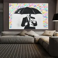 Banksy Graffiti Street Wall Art Man With Umbrella Music Canvas Painting Home Decor Photos For Living Room Decoration Cuadros L220810