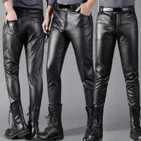Erkek pantolon erkekler deri sıska fit elasti moda pu pantolon motosiklet ıslak görünüm streç sahte sokak giysileri