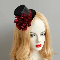 Sexig svart fascinator med röd blomma netted rött blommor hår smycken hattar halloween fest pannband klubb bar tillbehör