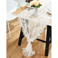 Ourwarm White Floral Lace Runner Hochzeitsfeier Sacklap natürlicher Jute Imitierter Leinen rustikaler Tisch Home Dekoration 220711