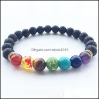 Bärade strängar armband smycken naturlig svart lava sten energi 7 reiki chakra healing nce 8mm colorf pärlor armband för män kvinnor stretch