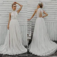 Bohemian High Collar Wedding Dresses A Line Lace Appliqued Sleeveless Beach Bridal Gowns Sweep Train Plus Size Boho Wedding Dress282J