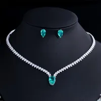 CWWZircons Elegant Big Light Green Water Drop CZ Crystal Necklace and Earrings Women Engagement Party Costume Sieraden Sets T560 220715